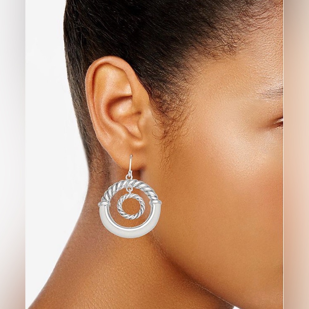 Napier Silver Tone White Leather Wrapped Orbital Drop Earrings ~ NWT - Picture 2 of 8